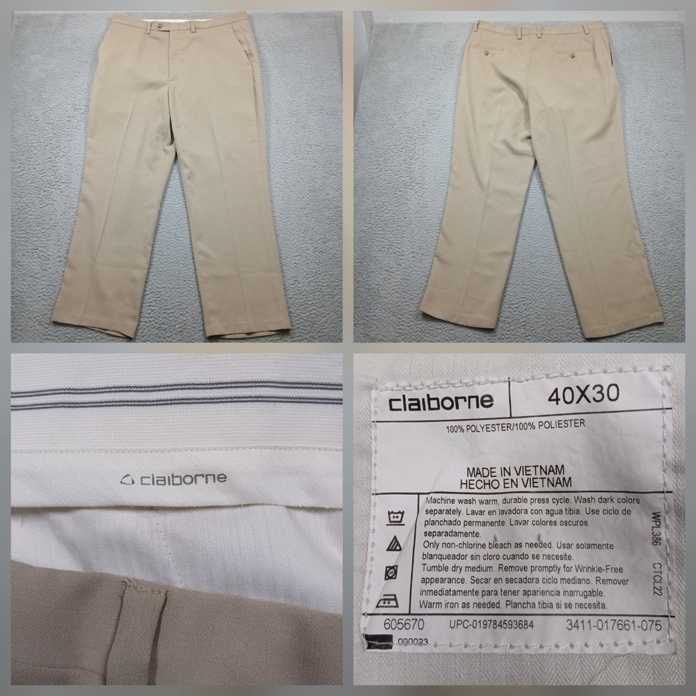 Claiborne Dress Pants Mens 40x30 Tan Khaki Flat Front Wrinkle-Free